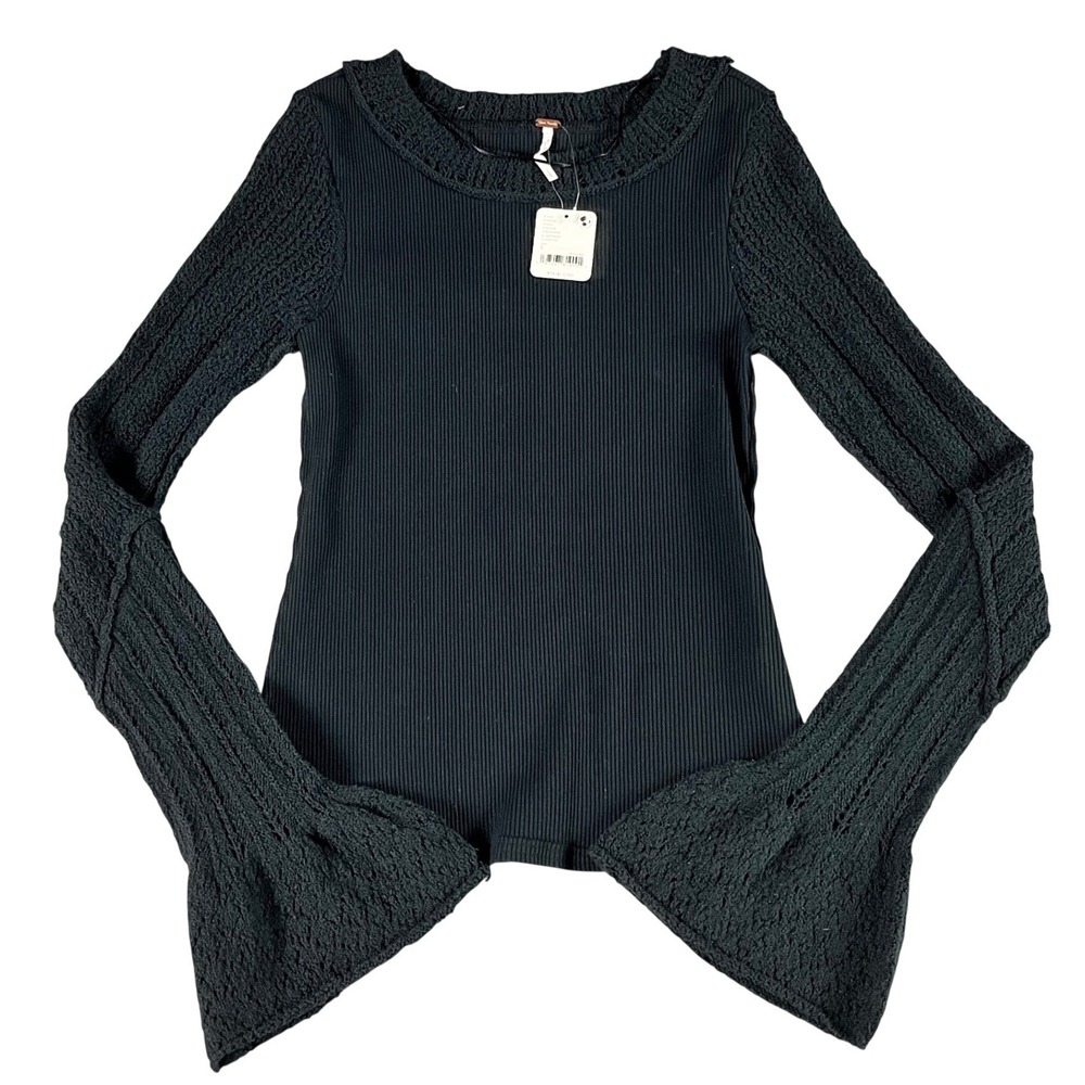 Free People Black Ribbed Crochet Bell Sleeve Top Girls Teen Large NEW